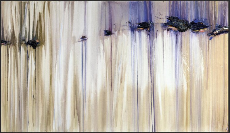 Olivier Debré. La Figuration à l’envers : Olivier Debré.  Taches bleu foncé aux raies verticales. 1989, huile sur toile, 180 x 310 cm. Centre Pompidou, Paris. Photo © Centre Pompidou.